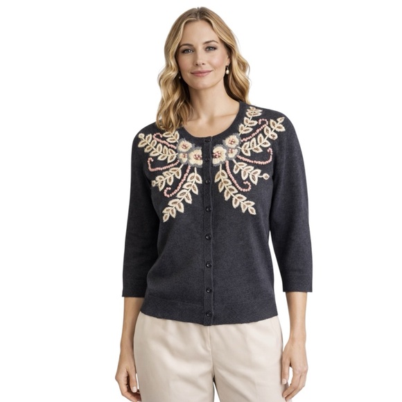 Anthropologie Tabitha Charcoal Beaded Cardigan | Floral Embroidery | Medium - Picture 5 of 11